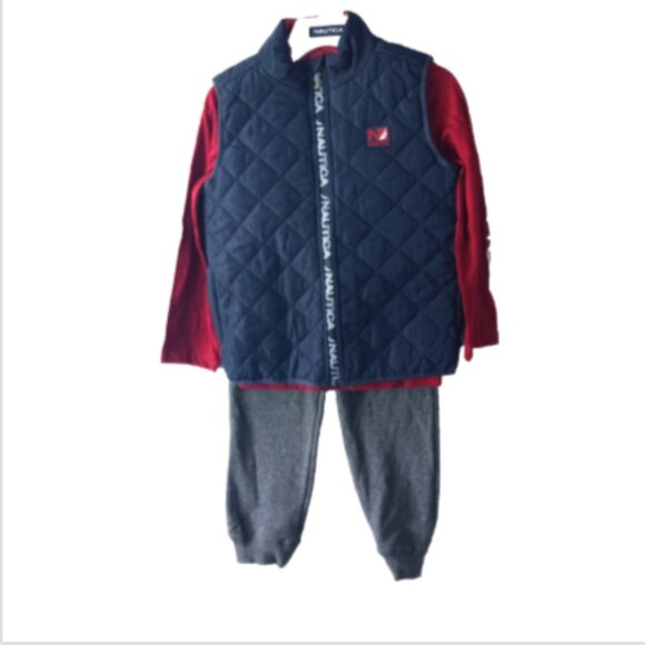 Nautica Boy 3-Pc Set Sz 6 Jogger Pants Puffer Vest Long Sleeve Tee Gray Blue Red - Picture 1 of 9